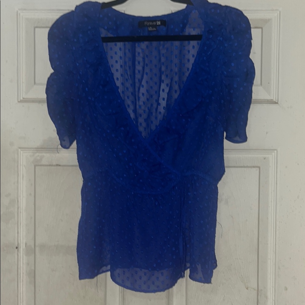 Forever 21 Blue Puff Sleeve Wrap Blouse